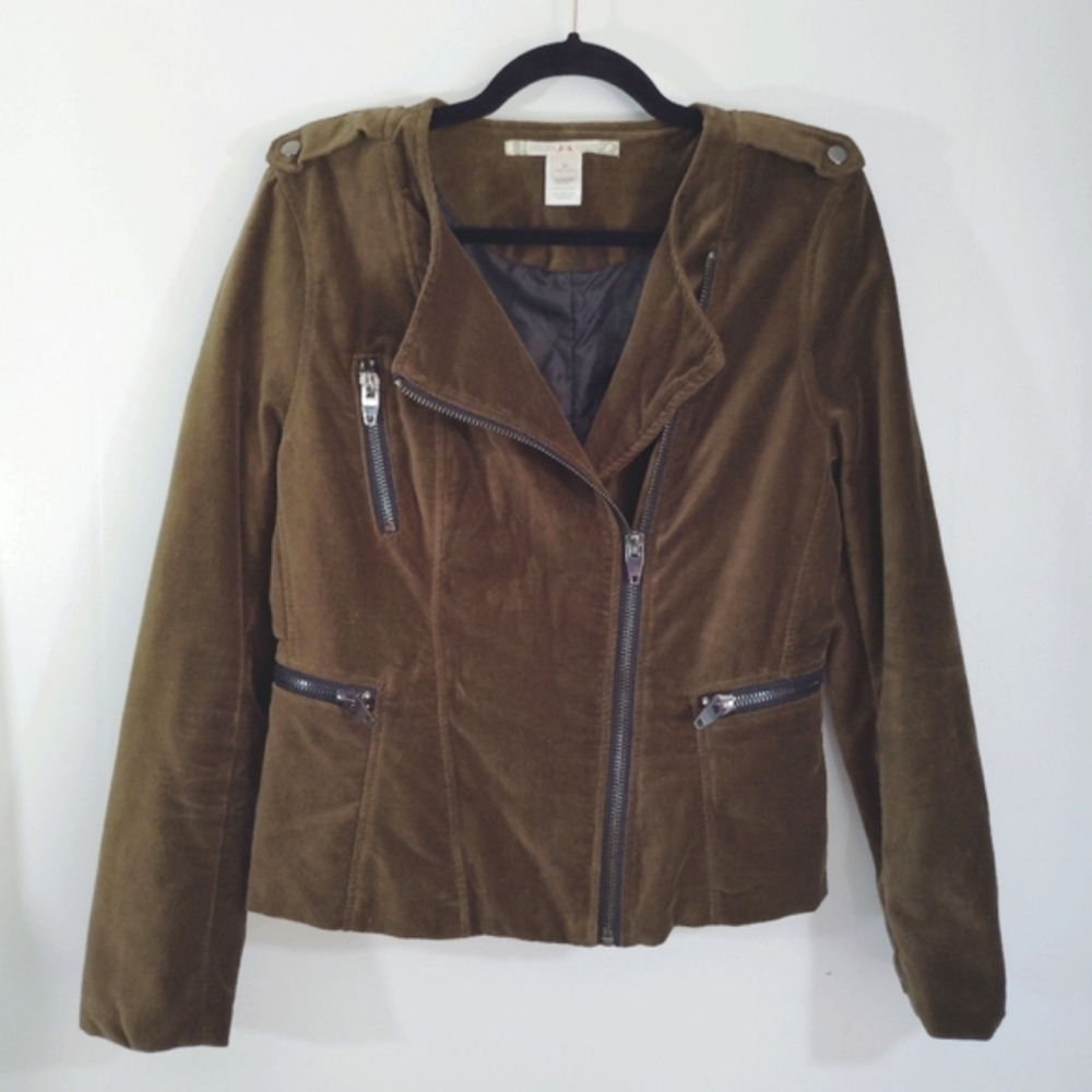 Chelsea & Violet Bomber Jacket Cotton Velvet Olive Green Brown Zipper Pockets